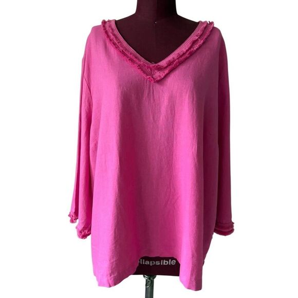 NEW Chico’s Fray Trim Easy Top blouse size 4 US XXL Pink Daisy 3/4 sleeve linen - Picture 2 of 13